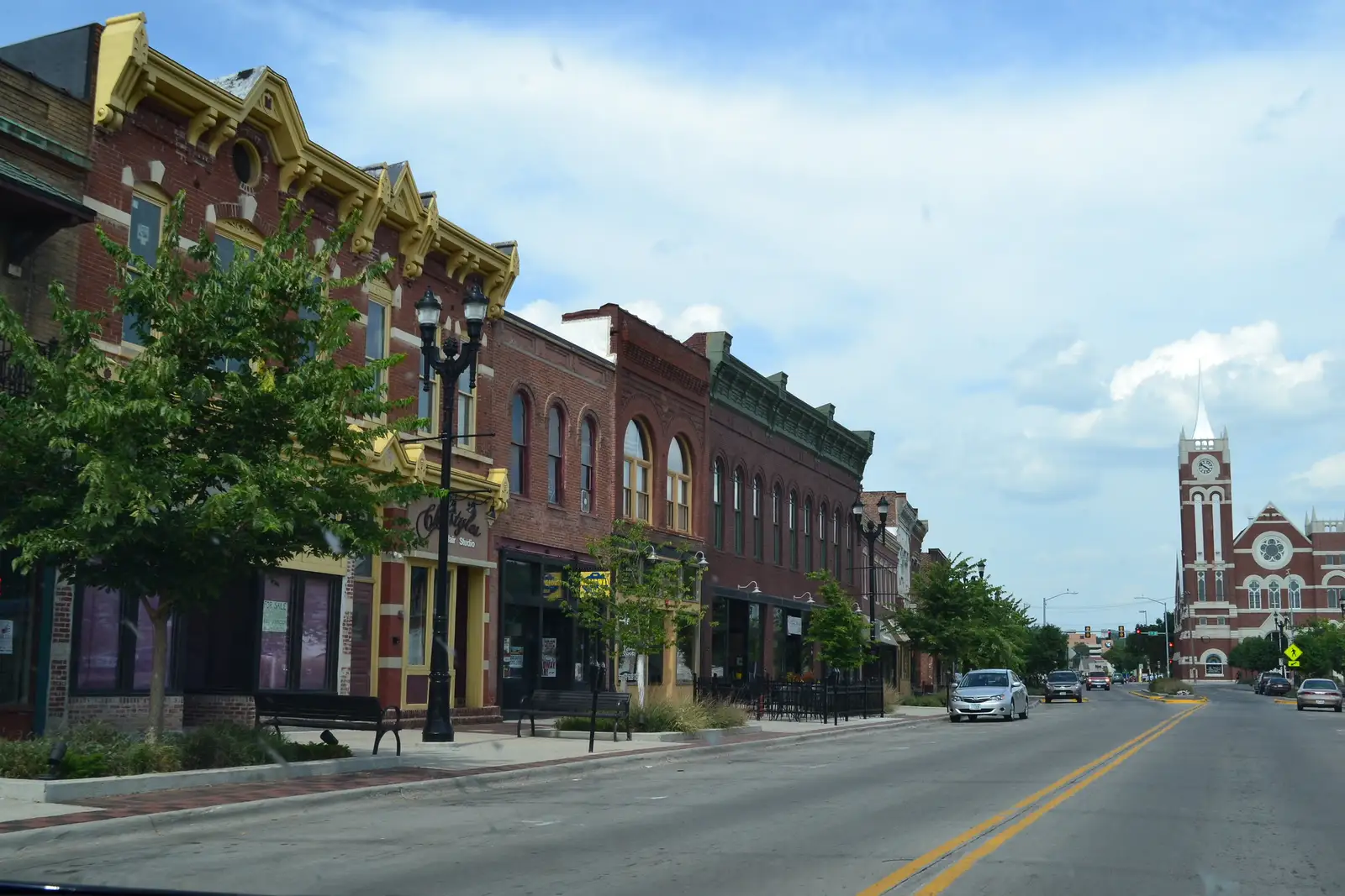 Downtown Council Bluffs, Iowa with historic buildings along the main corridor