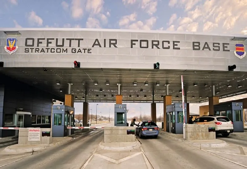 Main gate entrance to Offutt Air Force Base in Bellevue, Nebraska