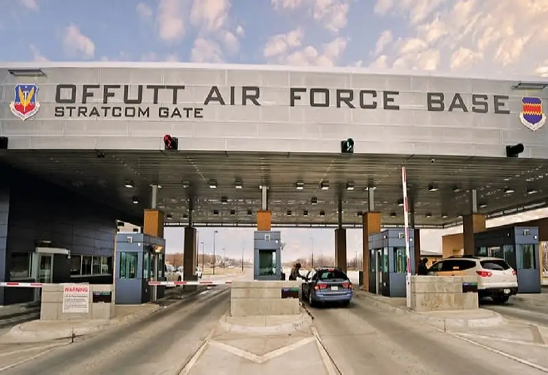 Main gate entrance to Offutt Air Force Base in Bellevue, Nebraska