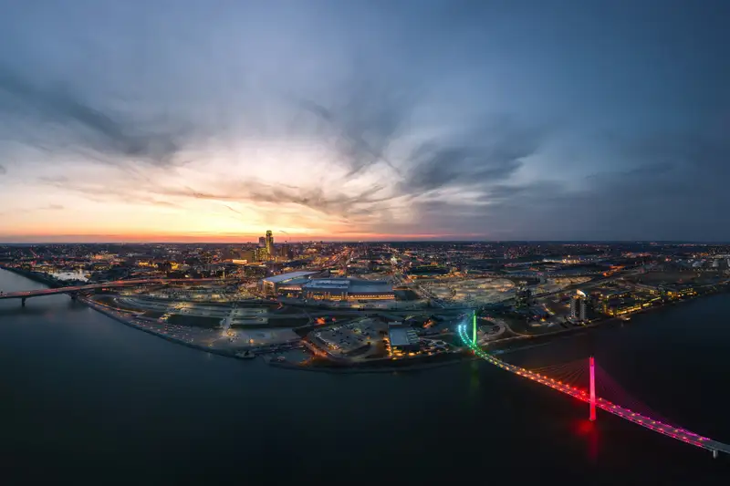 Omaha city lights and nightlife along the downtown corridor
